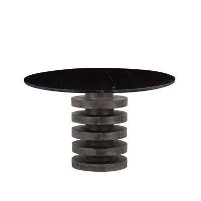 Palm Springs 48" Round Dining Table in Black Marble Top with Black Wash Cylinder Base
