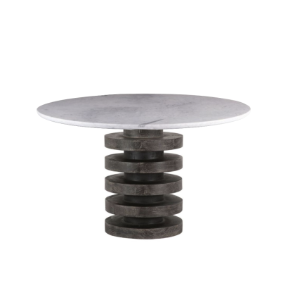 Palm Springs 48" Round Dining Table with White Marble Top and Black Wash Cylinder Base