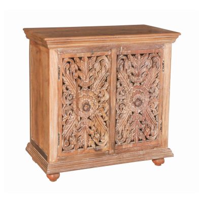 Small Wooden Sideboard With Intricate Door Paneling