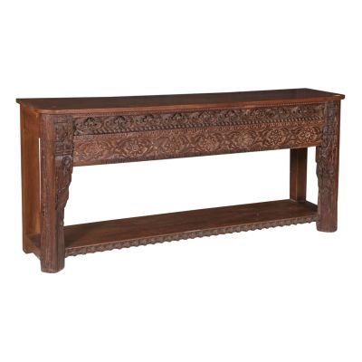 Hand Carved Large Wooden Console Table with Carved Shelf