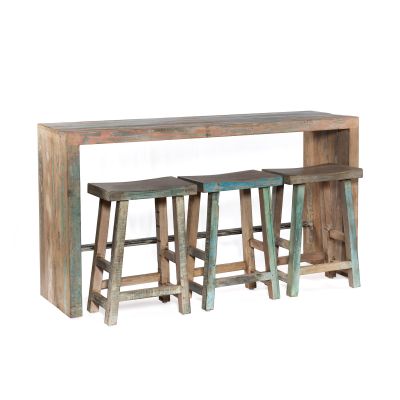 Ibiza 66" Sofa Back Console Table with Stools in Vintage Teal Reclaimed Wood