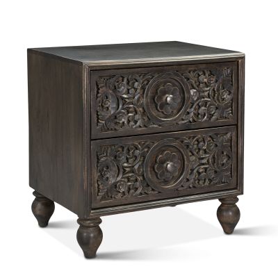 Taj 24" Two Drawer Nightstand in Hand Carved Vintage Brown