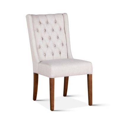 Lara 20" Upholstered Tufted Dining Chair in Off-White Linen with Natural Teak Legs