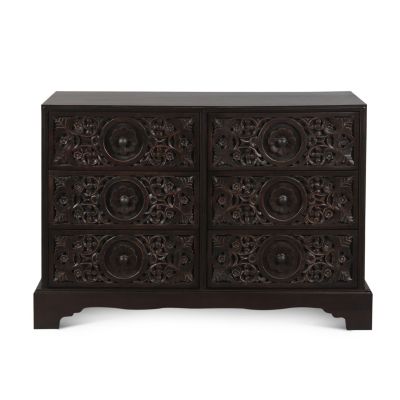 Taj 48" Hand Carved Six Drawer Dresser Vintage Brown