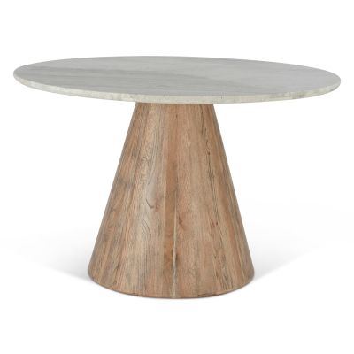 Vista 48" Round Dining Table with White Travertine and Light Oak Base