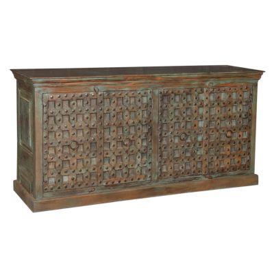 Teal and Brown Sideboard with Hand Carved Doors