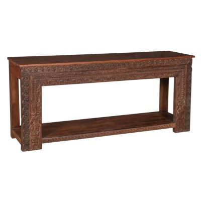 One Of A Kind Large Wooden Console Table with Hand Carved Front