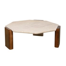 Breton 40" Octagonal Coffee Table with Travertine Top in Walnut