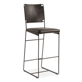 New York 18" Bar Chair in Black Buffalo Leather and Iron