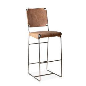 New York 18" Bar Chair in Brown Buffalo Leather and Iron