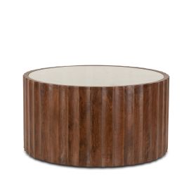 Palermo 35" Round Coffee Table with White Marble Top and Royal Brown Base