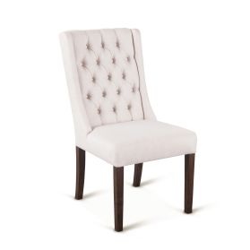 Lara 20" Upholstered Tufted Dining Chair in Off White Linen with Weathered Teak Legs