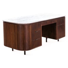 Athena 72" Office Desk with White Marble Top in Aged Mahogany