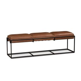 New York 62" Cognac Leather Iron Bench