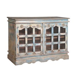 Small Storage Cabinet In Distress Blue With Glass Doors